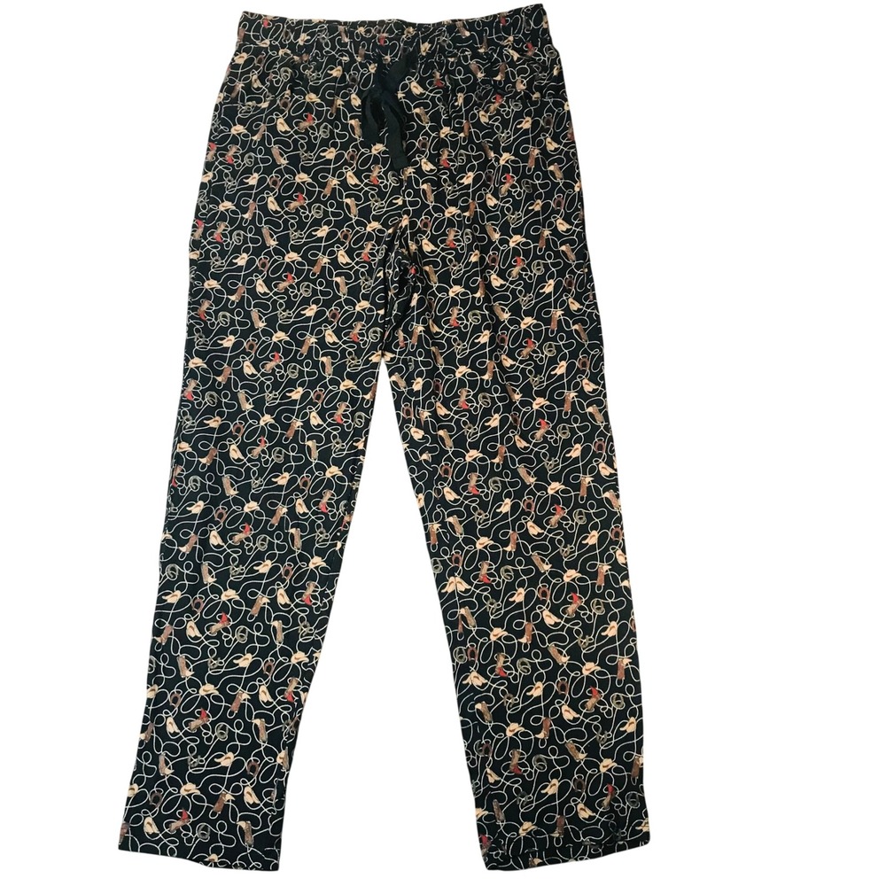 Cowboy Theme Pajama Pants Mens Medium Black Western Lasso Boot Print Drawstring